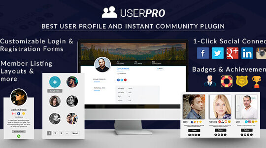 UserPro logo showcasing advanced user profiles, community features, and seamless social login."