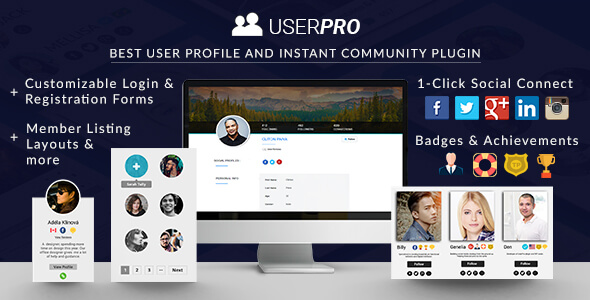 UserPro logo showcasing advanced user profiles, community features, and seamless social login."