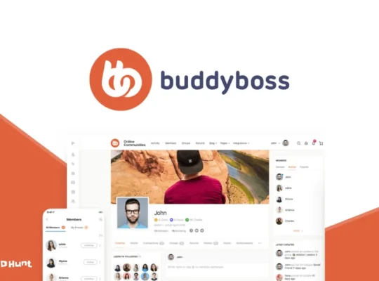 BuddyBoss logo showcasing custom user profiles, social networking, and community features.