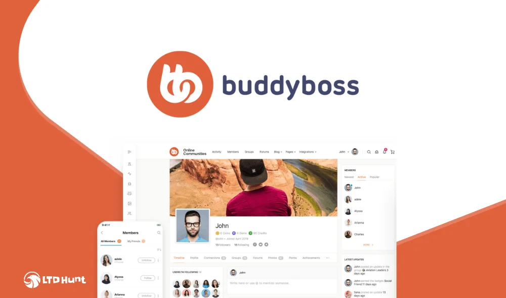 BuddyBoss logo showcasing custom user profiles, social networking, and community features.