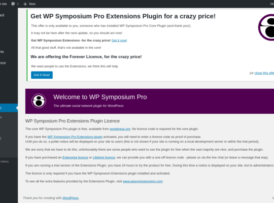 WP Symposium logo showcasing online community features like forums, messaging, and member profiles."