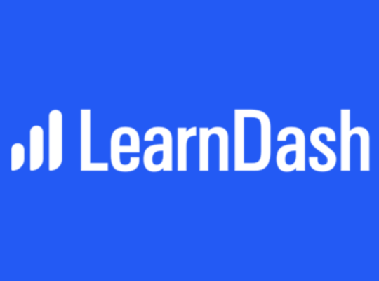 LearnDash plugin interface on WordPress showing online course features such as lessons, quizzes, and multimedia content, with icons for students, learning, and course creation."