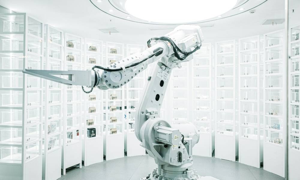 AI-powered robots working in a manufacturing plant with digital automation interface"