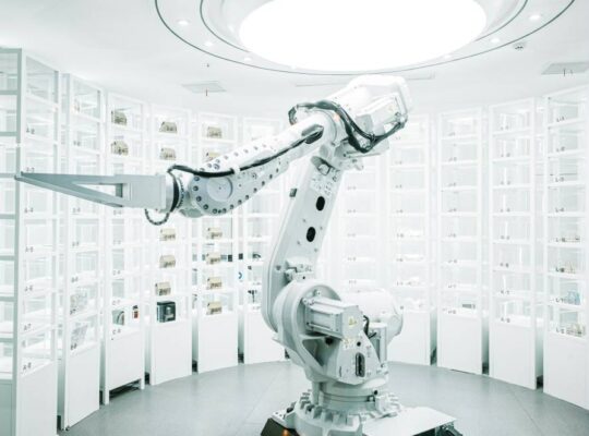 AI-powered robots working in a manufacturing plant with digital automation interface"