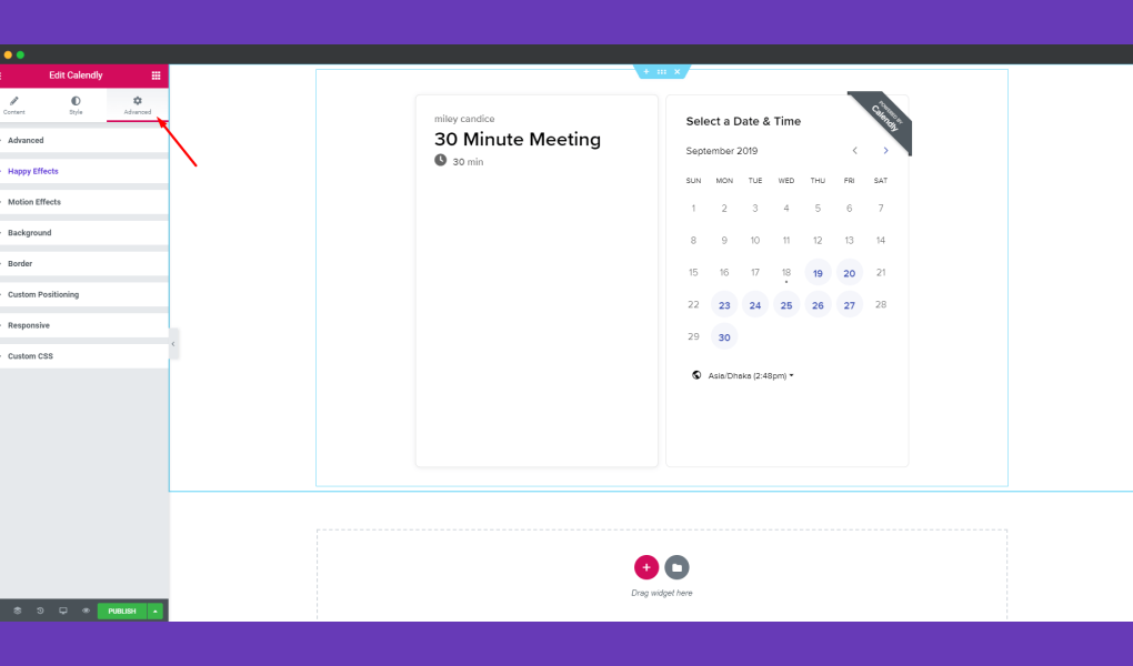 Calendly integration widget in Elementor with Happy Addons for easy scheduling