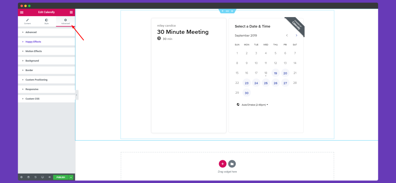 Calendly integration widget in Elementor with Happy Addons for easy scheduling